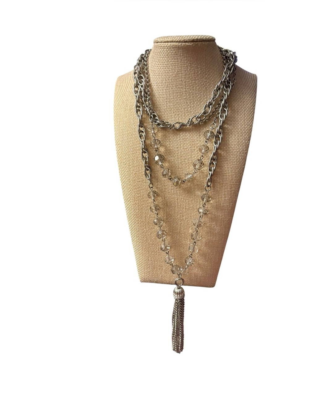 Silver Multi-Strand Layered Statement Necklace 18” including tassel pendant.